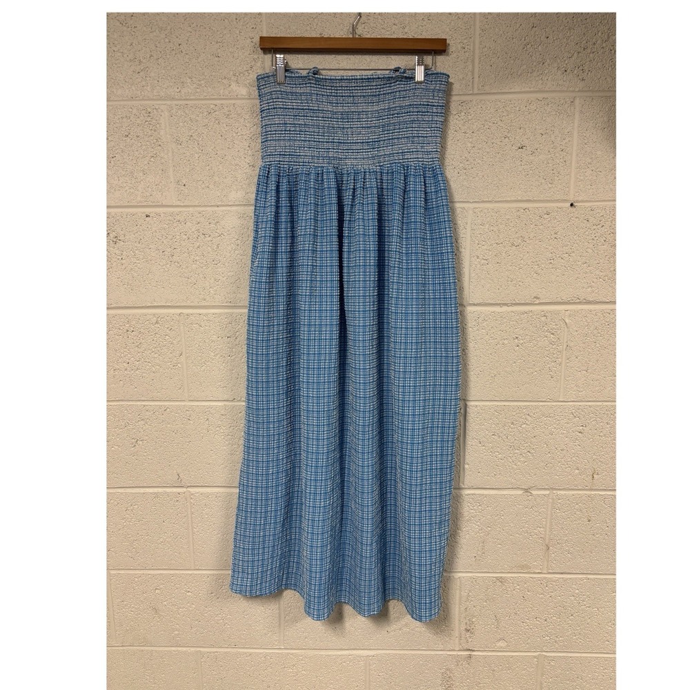 WRAY Blue White Plaid Smocked Strapless Maxi Dress Size S